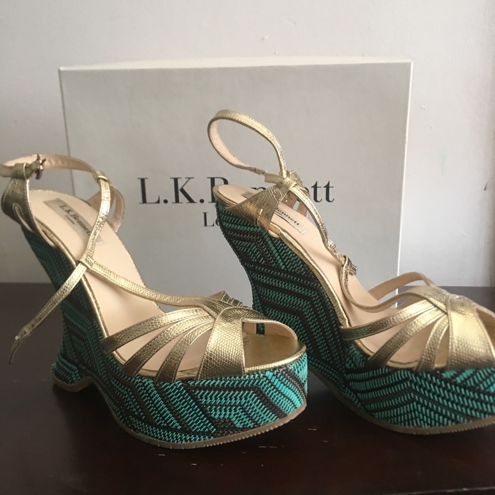 L.k. Bennett London Lydia gold t-strap wedges